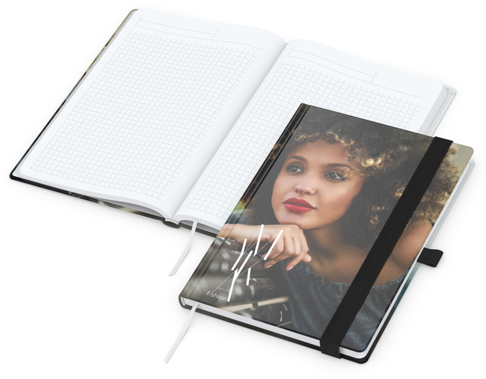 Notizbuch Match-Book White Bestseller, A5, Cover-Star, gloss-individuell, schwarz