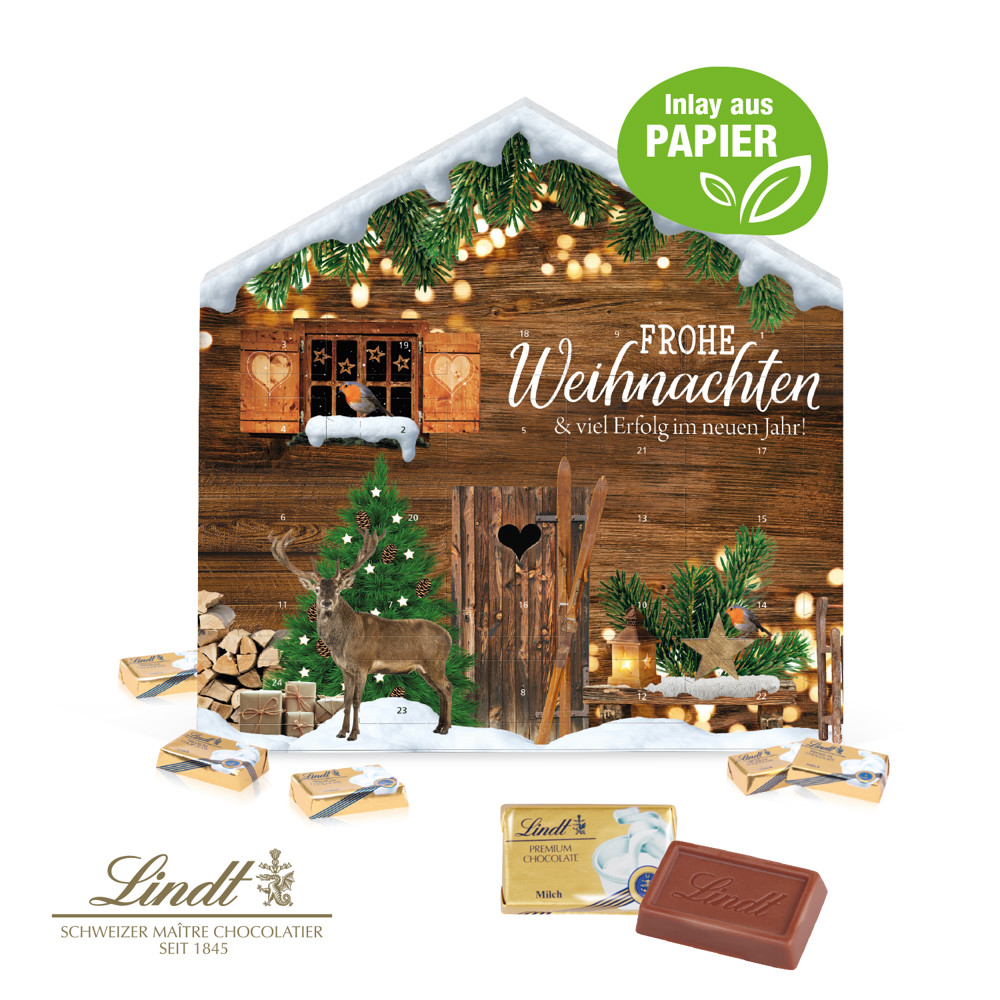 Adventskalender Weihnachtshaus "Exklusiv" mit Lindt Schokolade, Inlay aus Papier