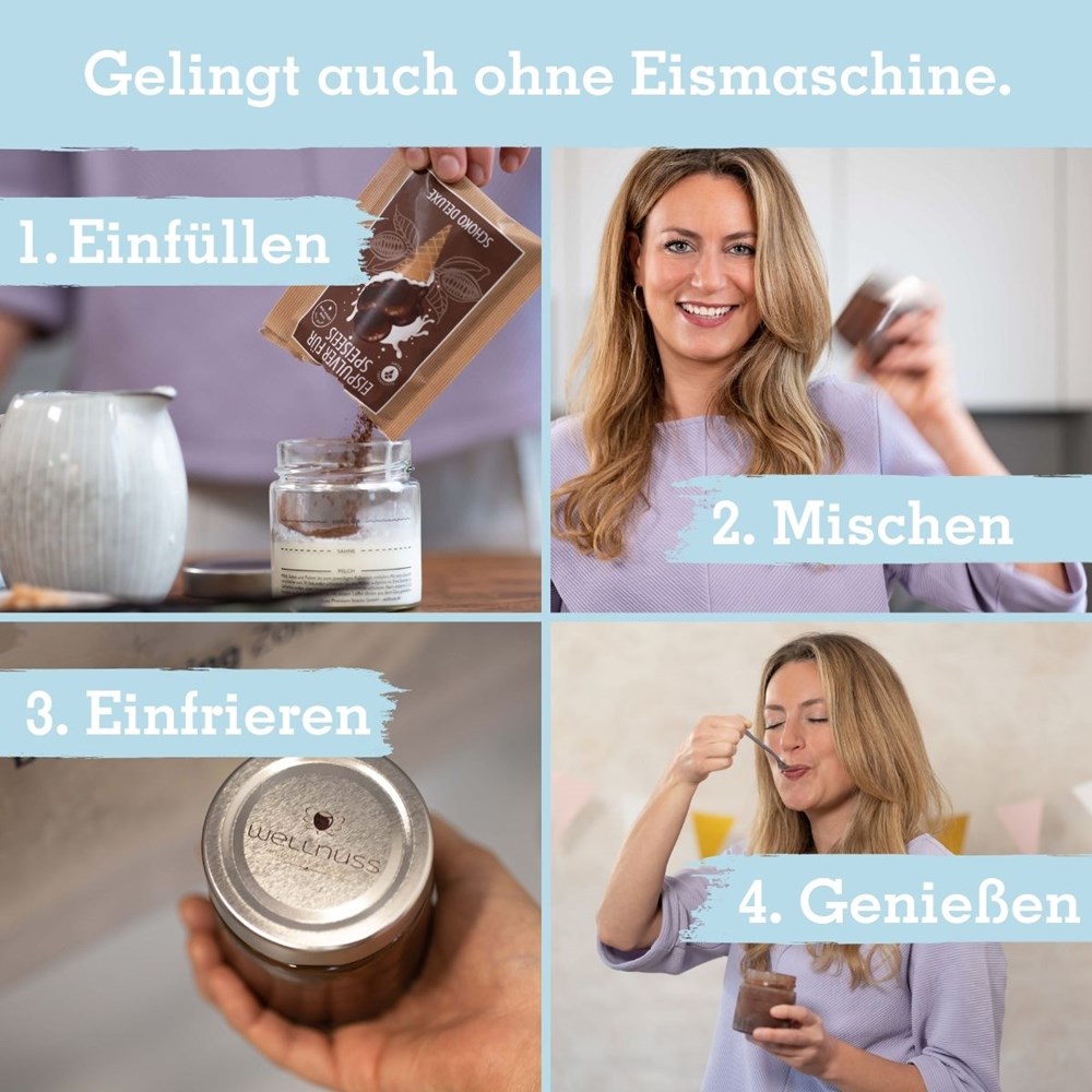 Eismixglas und Portionsbeutel im transparenten Säckchen