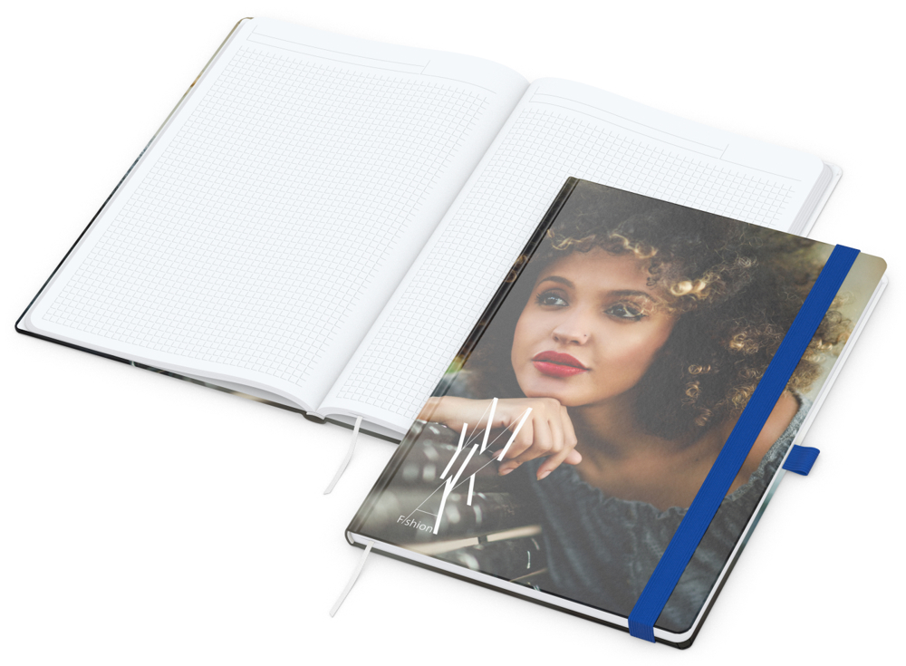 Notizbuch Match-Book White Bestseller, A4, Cover-Star, gloss-individuell, mittelblau
