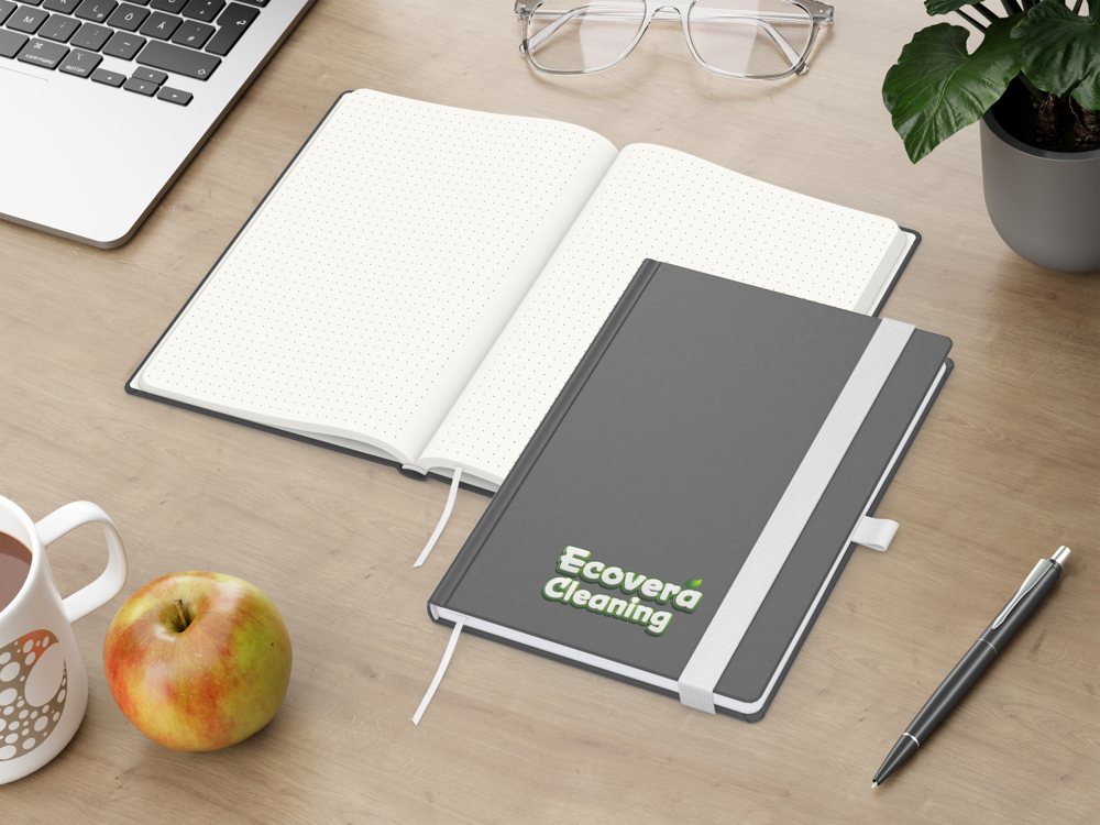 Notizbuch Organic-Book RECYCLING, Punktraster, anthrazit, Siebdruck-Digital, mit Infoblatt