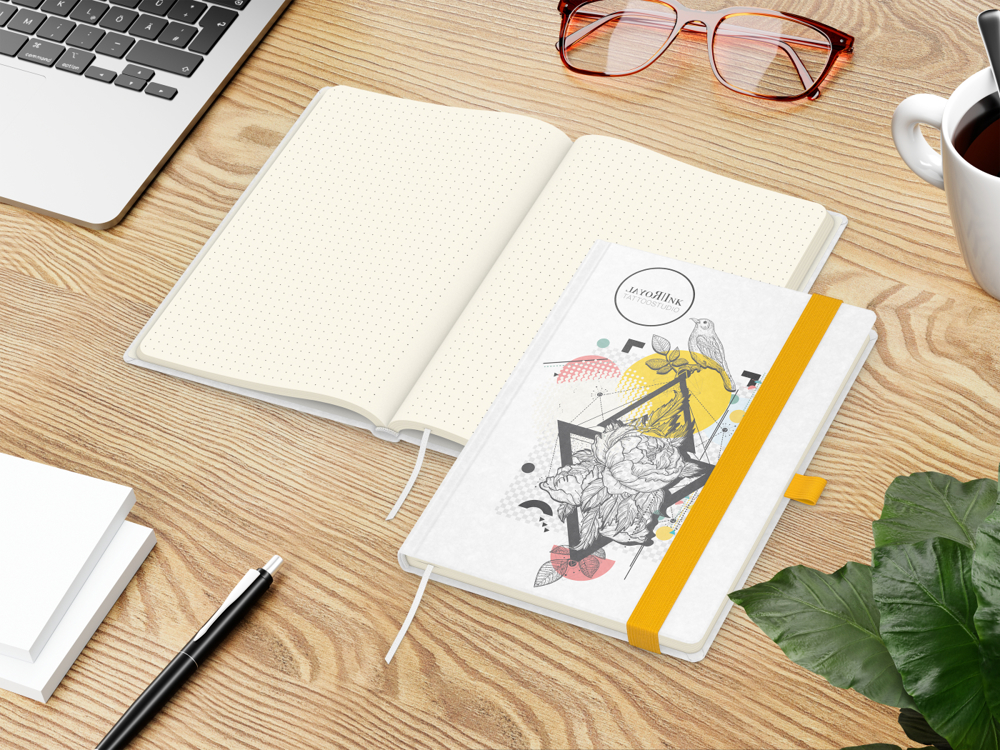 Notizbuch Match-Book, A5, Creme, Punktraster, weiß-individuell, gelb