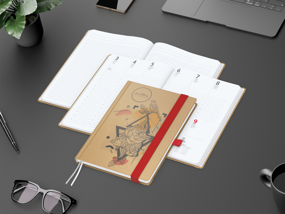 Wochenkalender vorne + Notizen hinten Match-Hybrid, A5, Naturpapier braun, rot