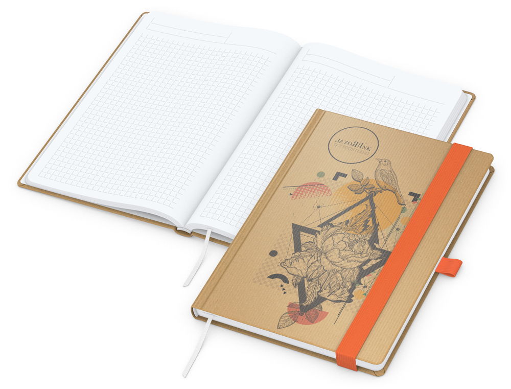 Notizbuch Match-Book White Bestseller, A5, Natura, braun-individuell, orange