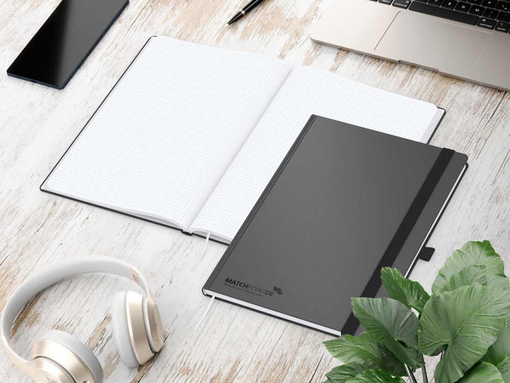 Notizbuch Vision-Book, A4, White, Punktraster, anthrazit, Prägung schwarz-glänzend