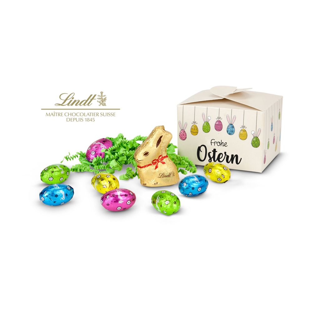 Buntes Lindt Osternest - Lindt-Osterhase mit 6 Eiern, auch in individueller Pralinenschachtel