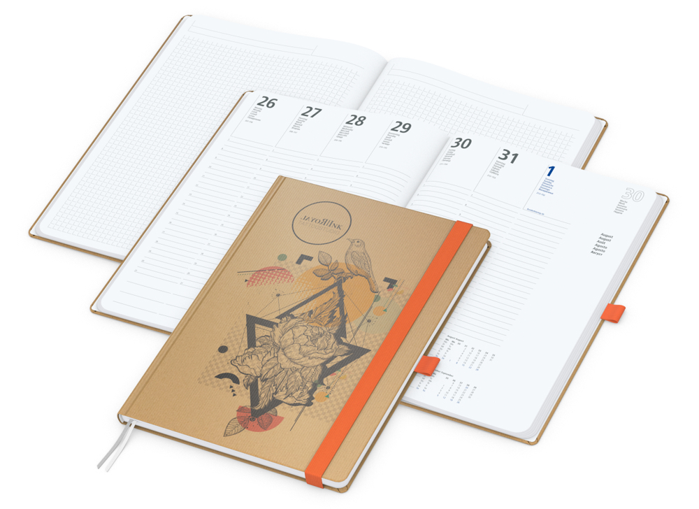 Wochenkalender vorne + Notizen hinten Match-Hybrid, A4, Naturpapier braun, orange