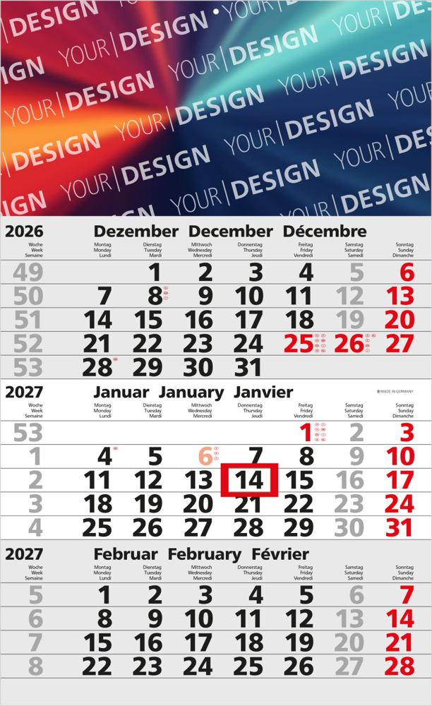 3-Monatskalender Einblatt Solid 3, hellgrau