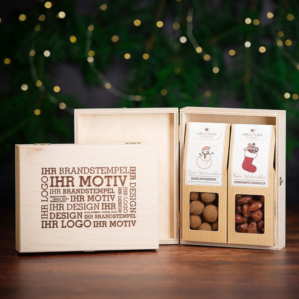 2 Premium Snacks in der Birkenholzbox - Weihnachts-Edition