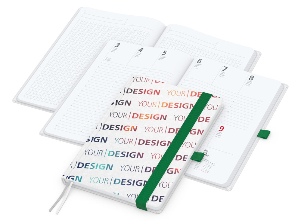 Wochenkalender vorne + Notizen hinten Match-Hybrid, A5, Naturpapier weiß, grün