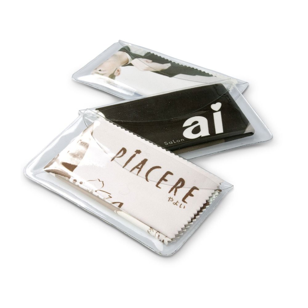 Brillenputztuch rPET - Mikrofasertuch 20 x 20 cm, in transparentem Schutzetui