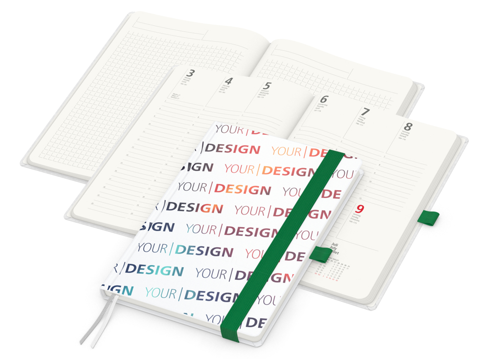 Wochenkalender vorne + Notizen hinten Match-Hybrid RECYCLING, Papier matt, grün