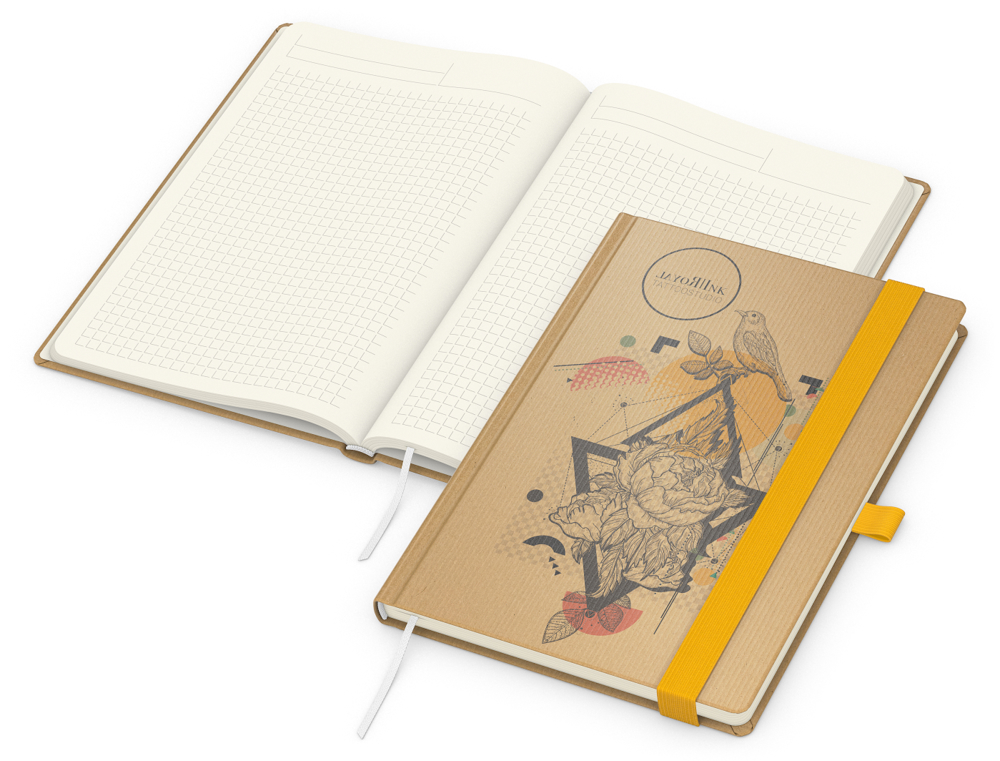Notizbuch Match-Book, A5, Creme, Winkelkaro, braun-individuell, gelb