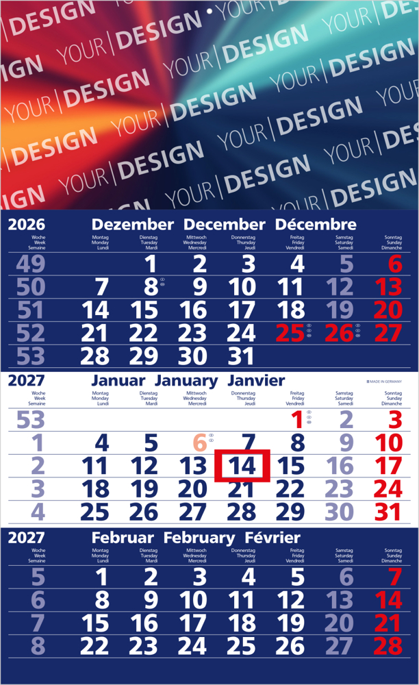 3-Monatskalender Einblatt Solid 3, dunkelblau