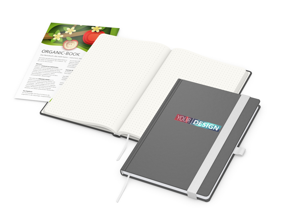 Notizbuch Organic-Book RECYCLING, Punktraster, anthrazit, Siebdruck-Digital, mit Infoblatt