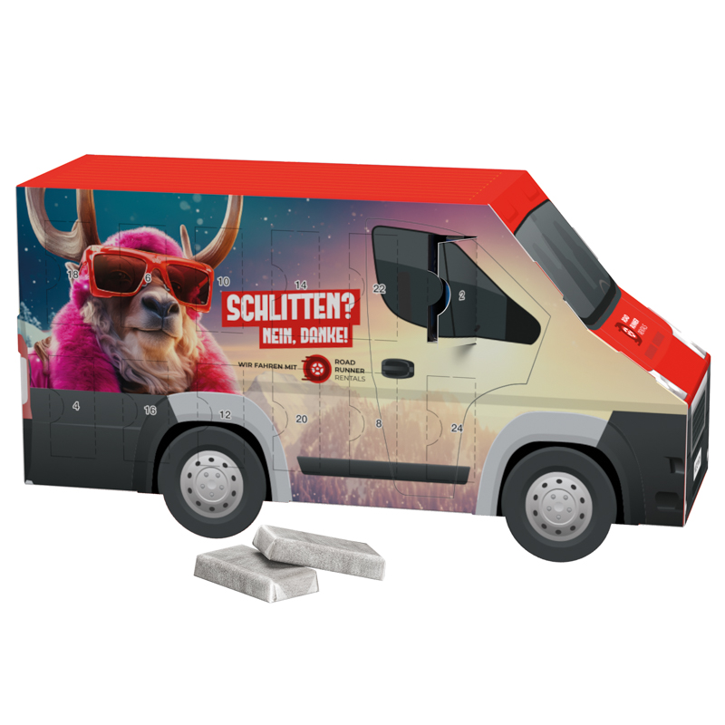 Adventskalender Transporter, Alpenmilch-Schokotäfelchen in Pergaminpapier