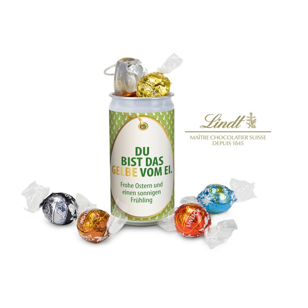 Lindt-Geheimnis Ostern, das Nest in der Dose - Etikett Du bist das Gelbe vom Ei