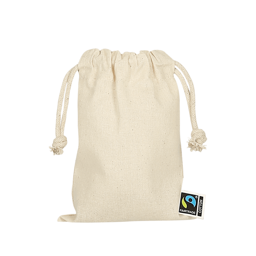 Zuziehbeutel aus Fairtrade-zertifizierter Baumwolle, 10 x 14 cm, ca. 140 g/m²