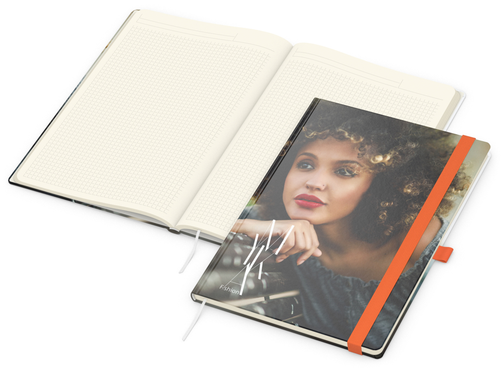 Notizbuch Match-Book Creme Bestseller, A4, Cover-Star, gloss-individuell, orange