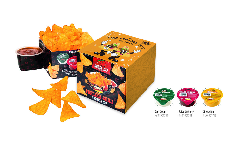 Nacho Box im Schuber 190 g , Inhalt: Nachos Paprika-Chili, Salsa Dip Spicy