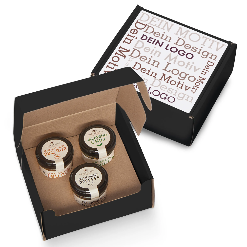 Geschenkkarton mit 3 Gourmet Gewürzen im Glas
