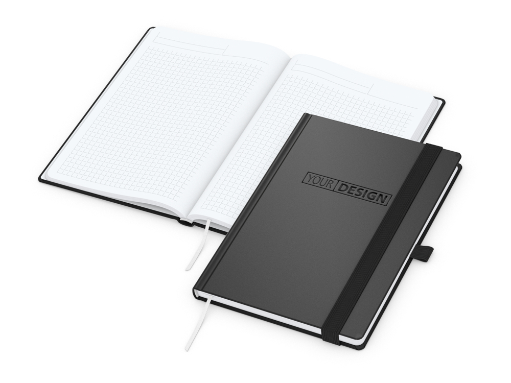 Notizbuch Vision-Book, A5, White, Winkelkaro, schwarz, Prägung schwarz-glänzend