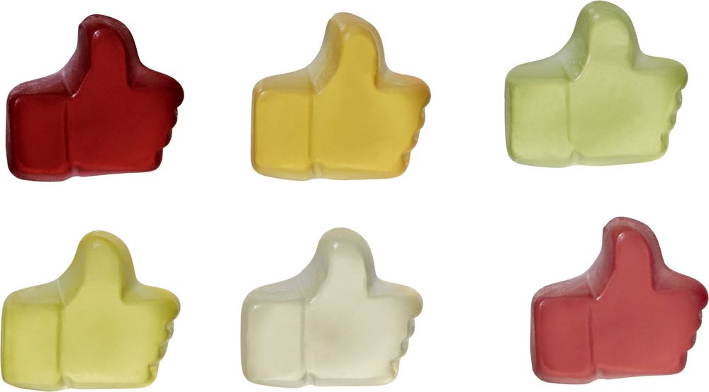 Fruchtgummi-Standardformen 10 g, Daumen hoch im konventionelle Tütchen, Vegan