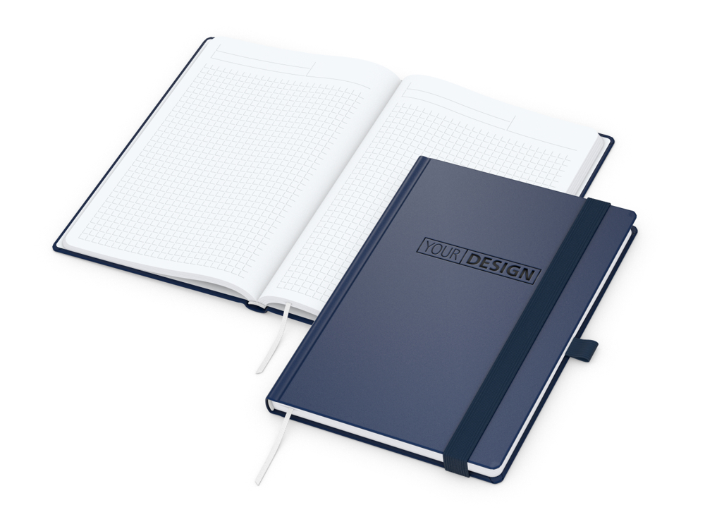 Notizbuch Vision-Book, A5, White, Winkelkaro, dunkelblau, Prägung schwarz-glänzend