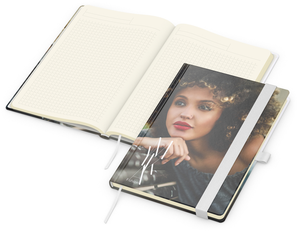 Notizbuch Match-Book Creme Bestseller, A5, Cover-Star, gloss-individuell, weiß