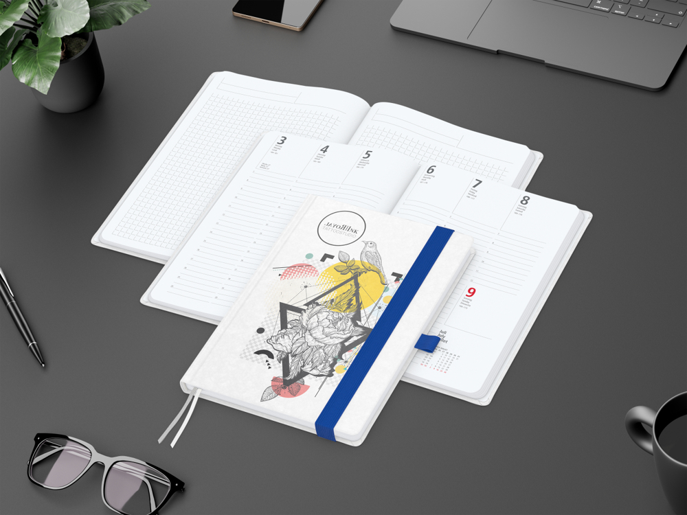 Wochenkalender vorne + Notizen hinten Match-Hybrid, A5, Naturpapier weiß, mittelblau