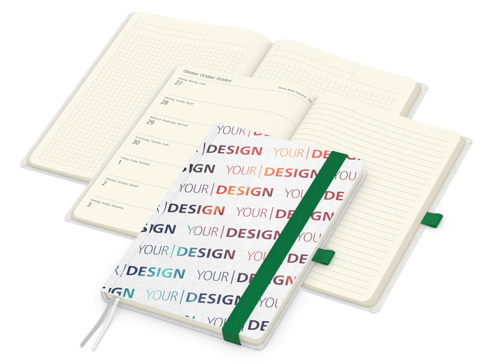 Wochenkalender links + Notizen rechts Match-Hybrid, Naturpapier weiß, grün