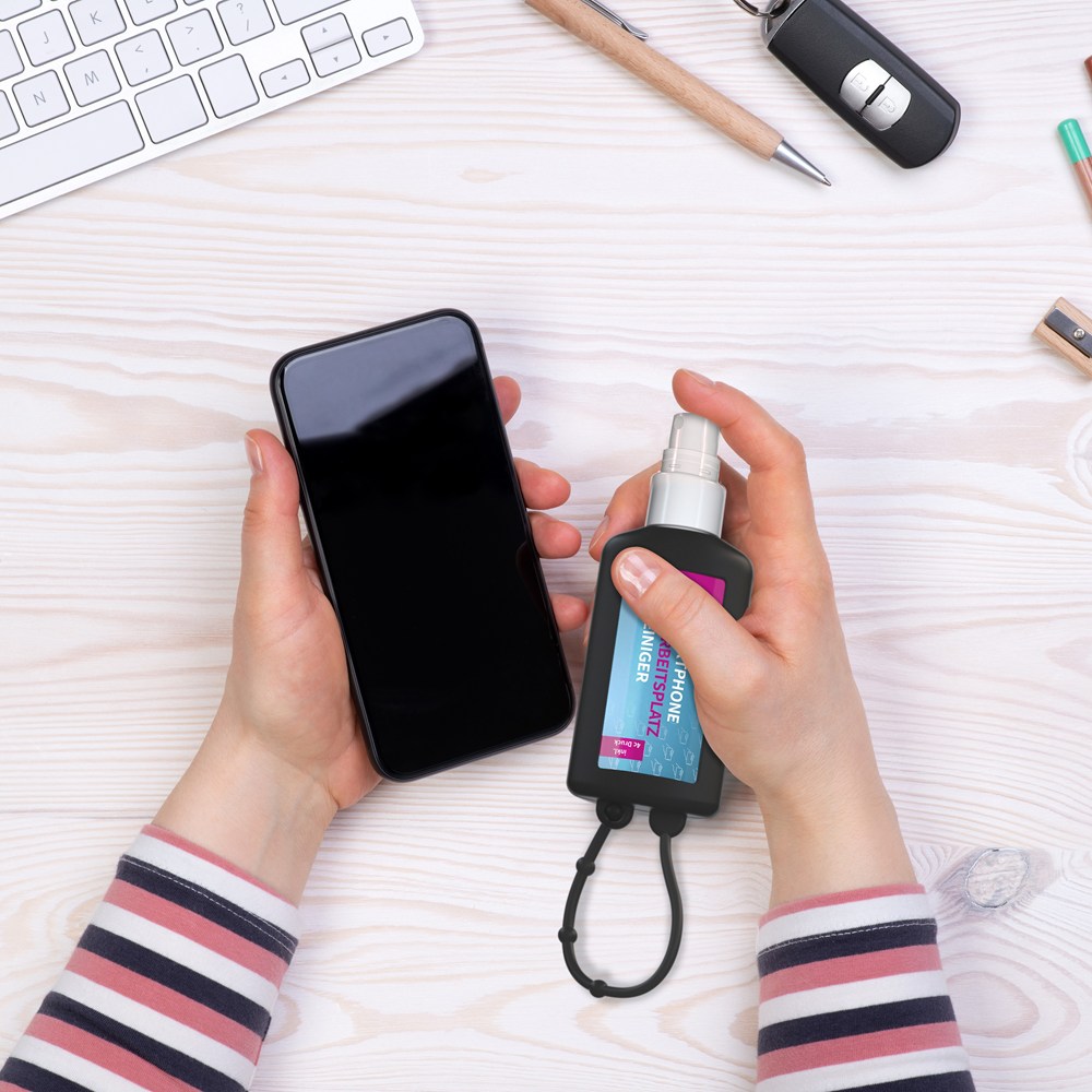 Smartphone & Arbeitsplatz-Reiniger, 50 ml Bumper schwarz, Body Label (R-PET)