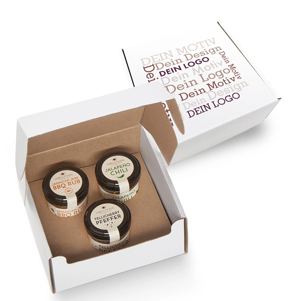 Geschenkkarton mit 3 Gourmet Gewürzen im Glas