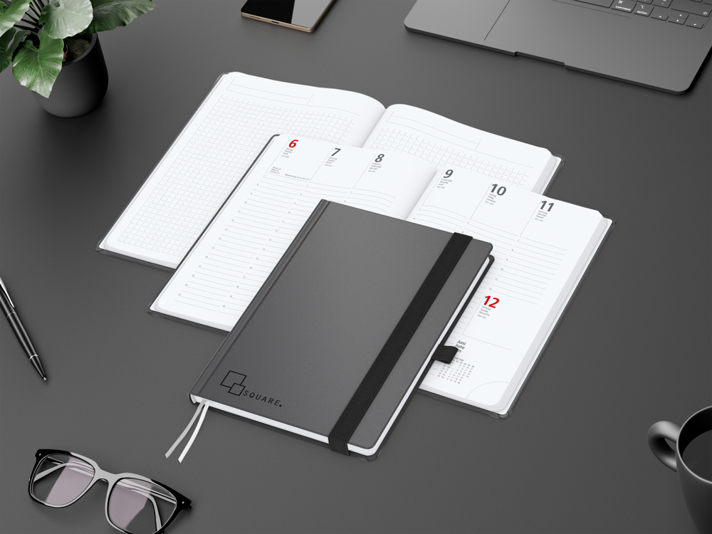 Wochenkalender vorne + Notizen hinten Vision-Hybrid, Prägung schwarz-glänzend