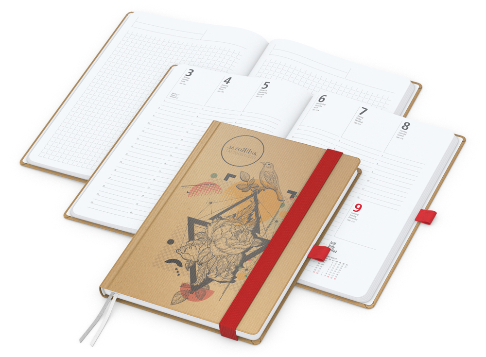 Wochenkalender vorne + Notizen hinten Match-Hybrid, A5, Naturpapier braun, rot