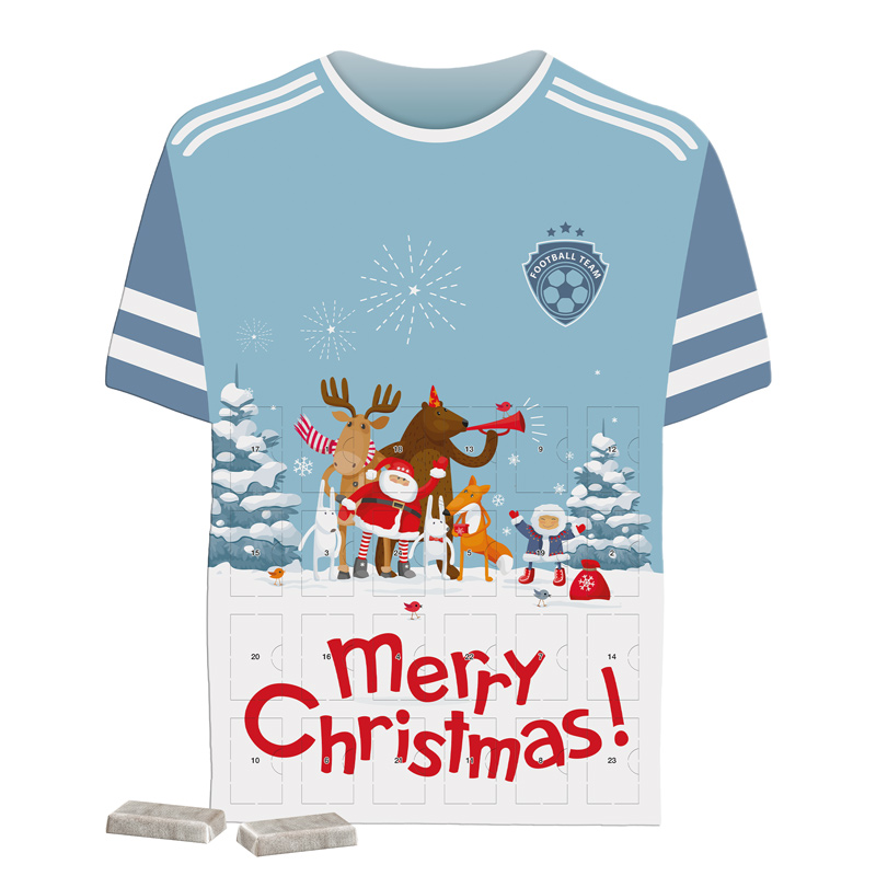 Täfelchen Adventskalender Trikot befüllt mit Napolitain in Pergaminpapier als Werbeartikel für Firmen mit Logodruck