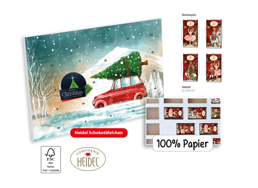 100% aus Papier: Tisch-Adventskalender mit Heidel Schokolade als Werbeartikel inkl. Logodruck