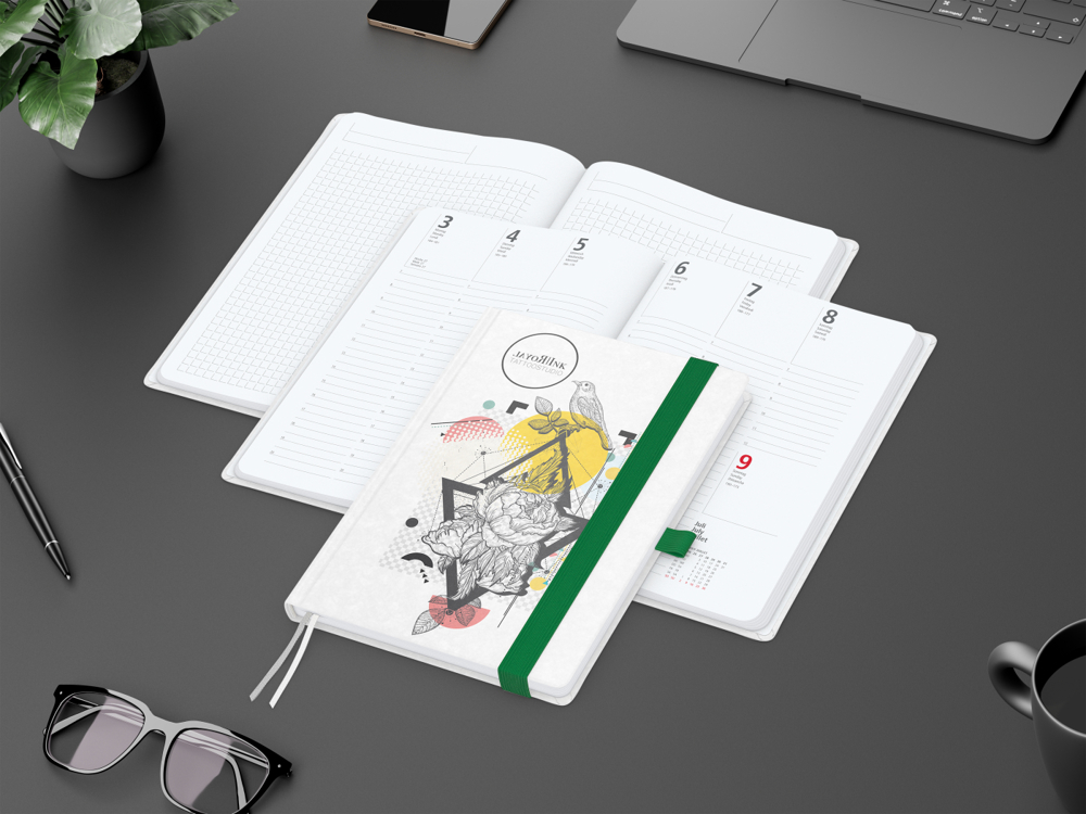 Wochenkalender vorne + Notizen hinten Match-Hybrid, A5, Naturpapier weiß, grün