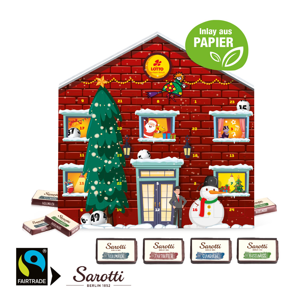Adventskalender Weihnachtshaus "Exklusiv" mit Sarotti Fairtrade® Schokolade, Inlay aus Papier