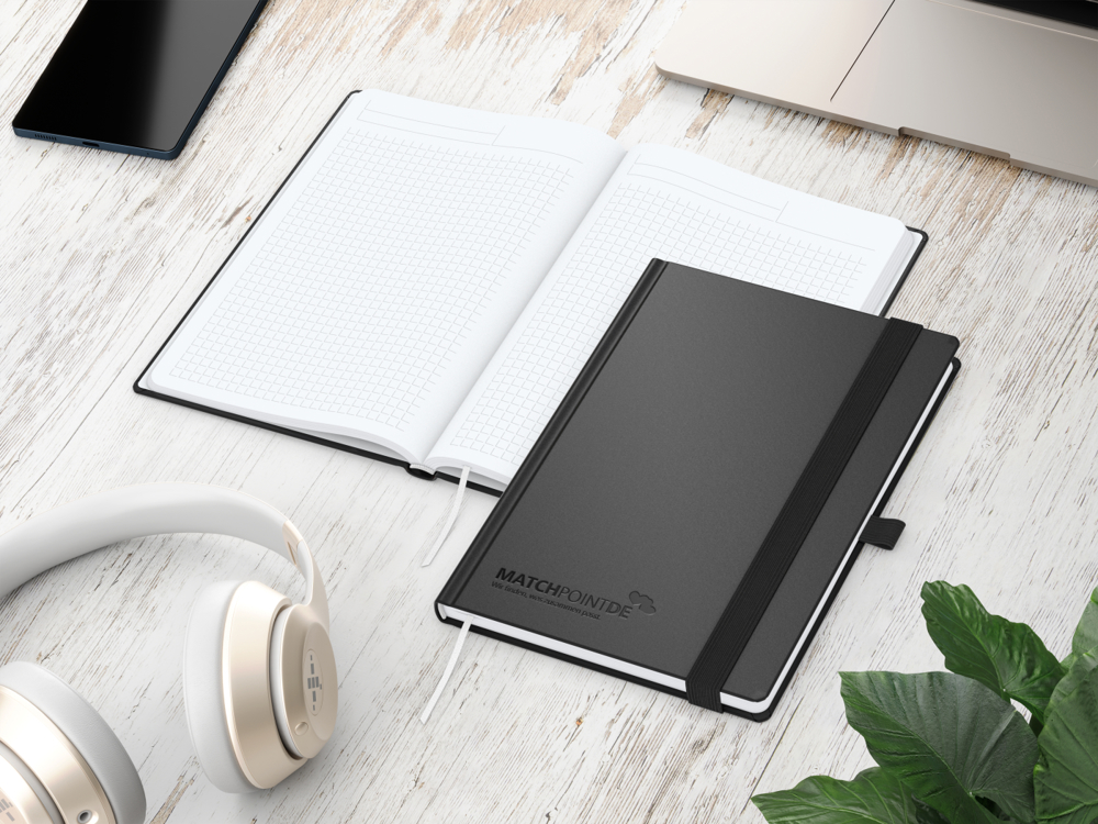 Notizbuch Vision-Book, A5, White, Winkelkaro, schwarz, Prägung schwarz-glänzend